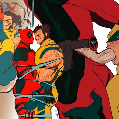 deadpool &amp; wolverine (2024), marvel, marvel comics, x-men, deadpool, james howlett, wade wilson, wolverine (x-men), anal, anal sex, blowjob, blush, gay, hairy male, head grab