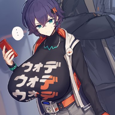 hoyoverse, mihoyo, zenless zone zero, belle (zenless zone zero), wise (zenless zone zero), melon22, ..., 1boy, alternate breast size, black shirt, blue hair, breasts, brother and sister, cellphone, clenched teeth