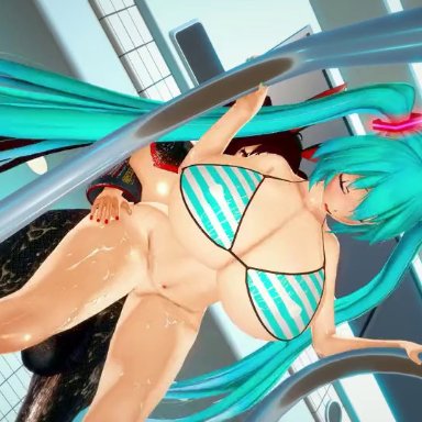 vocaloid, hatsune miku, black hair, blue eyes, blue hair, futa on female, futa on futa, futanari, huge ass, huge breasts, sex from behind, slime, slime girl, thick thighs, twintails