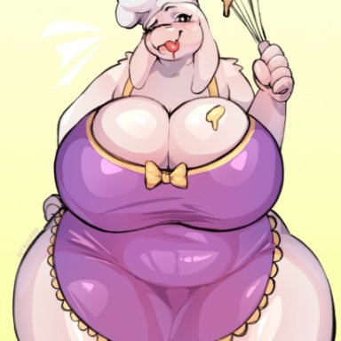 undertale, undertale (series), toriel, petroverr, 1girls, accessory, anthro, anthrofied, apron, apron only, arms behind back, belly, bent over, blush, bovid