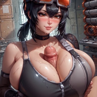 zenless zone zero, grace howard, minomixai, 1boy, 1boy1girl, 1girl1boy, 1girls, bangs, bare shoulders, black hair, blush, boobjob, breast squeeze, breasts, brown eyes