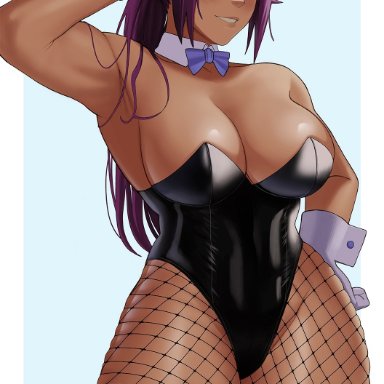 bleach, shihouin yoruichi, gud0c, bunny ears, bunny girl, bunnysuit, fishnets, huge breasts, muscle girl, muscles