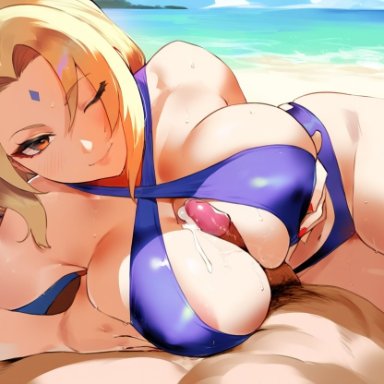 naruto, naruto (series), tsunade, tittyg-ai, 1boy, 1girls, bikini, cum, cum on breasts, large breasts, looking pleasured, paizuri, penis, pov, swimsuit