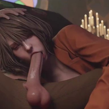 capcom, resident evil, resident evil 4, resident evil 4 remake, ashley graham, ashley graham (ella freya), takerskiy, 1boy, 1girls, between legs, big penis, blonde hair, blowjob, closed eyes, clothed