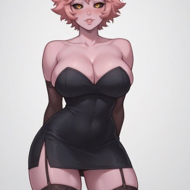 boku no hero academia, my hero academia, mina ashido, iknowkungfu42, 1girls, alternate costume, bare shoulders, big breasts, black clothing, black dress, black sclera, blush, breasts, cleavage, clothed