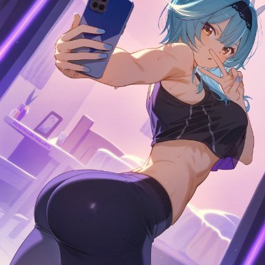 gacha, genshin impact, eula (genshin impact), 1girls, ass, ass focus, bubble ass, bubble butt, female, female only, fit female, gym, peace sign, selfie, showing ass