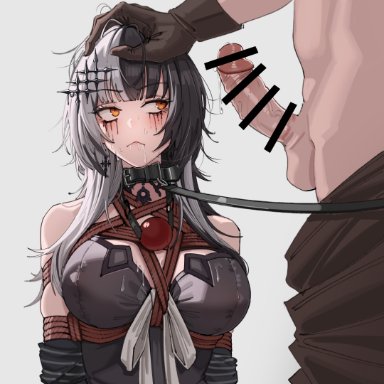 hololive, hololive english, shiori novella, harris hero, 1boy, black collar, black hair, bondage, breasts, closed mouth, collar, erection, female, grey hair, hair ornament