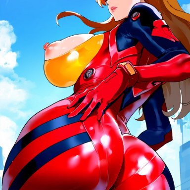 rebuild of evangelion, asuka langley sohryu, evilkuro05, back focus, long hair, massive ass, pilot suit, red bodysuit, teenage girl, ai generated