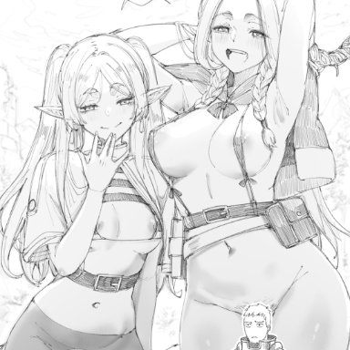 dungeon meshi, sousou no frieren, frieren, marcille donato, fkscrashing, 2girls, armpits, arms behind head, arms up, bangs, barely clothed, belt, big breasts, bikini, blush