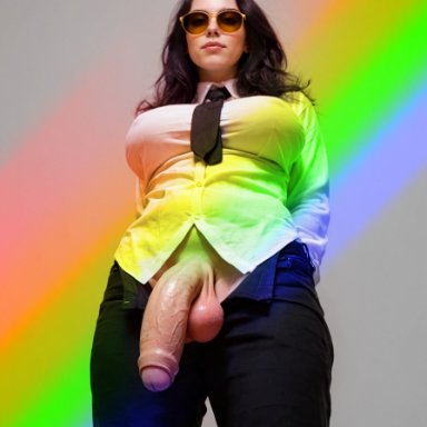 billie eilish, enielee, from, 1futa, 1futanari, below view, big penis, black hair, black pants, dickgirl, female, flaccid, foreskin, futanari, pants pull