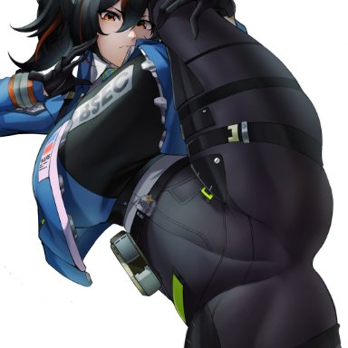 zenless zone zero, zhu yuan, z enatsu, black hair, black pants, black shirt, blue jacket, breasts, clothes writing, female, jacket, large breasts, leg up, long sleeves, multicolored hair