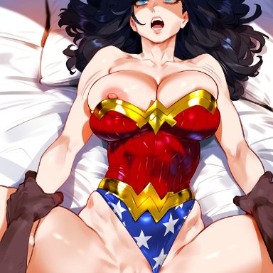 dc comics, justice league, wonder woman (series), diana prince, wonder woman, floxin, 1boy, 1girls, american flag, bangs, bare shoulders, bed, black hair, blue eyes, blush