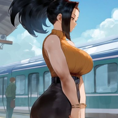 my hero academia, momo yaoyorozu, erotic nansensu, big ass, big breasts, bracelet, curvy, from side, handbag, high-waist skirt, huge breasts, looking away, skirt, sleeveless, sleeveless sweater