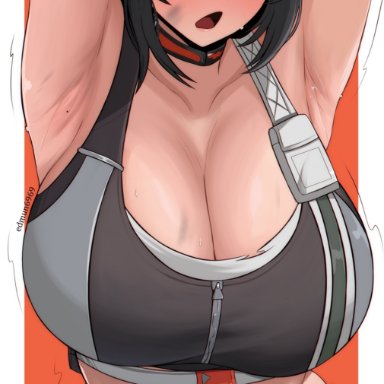 zenless zone zero, grace howard, edmun6969, armpits, arms up, belt, black hair, black pants, breasts, cleavage, closed eyes, female, goggles, goggles on head, huge breasts