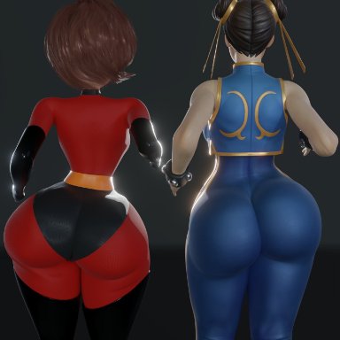 capcom, disney, fortnite, pixar, street fighter, the incredibles, chun-li, chun-li (fortnite), elastigirl, helen parr, mrvector 3d, 2girls, ass, ass focus, big ass