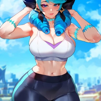 league of legends, gwen (league of legends), miyuai, 1girls, blue eyes, blue hair, city, cityscape, crop top, day, female, female focus, female only, gym bottomwear, gym clothes