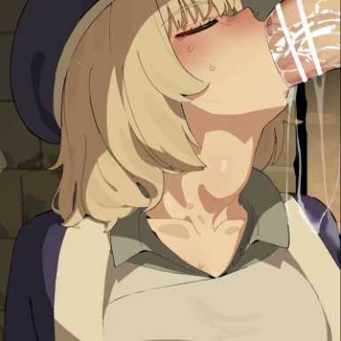 delicious in dungeon, falin touden, mizumizuni, 1boy, 1boy1girl, 1girls, balls deep, big penis, blonde hair, blowjob, blush, deepthroat, fellatio, female, humanmale