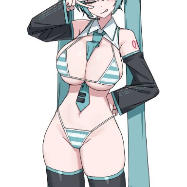 vocaloid, hatsune miku, caststation, aqua eyes, aqua hair, big breasts, bikini, bikini bottom, bikini top, cleavage, collared bikini, detached sleeves, female, female only, g-string