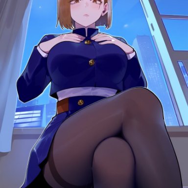 jujutsu kaisen, kugisaki nobara, primosan, brown eyes, brown hair, closed mouth, crop top, crossed legs, from below, hands on own chest, looking at viewer, medium breasts, pantyhose, school uniform, short hair