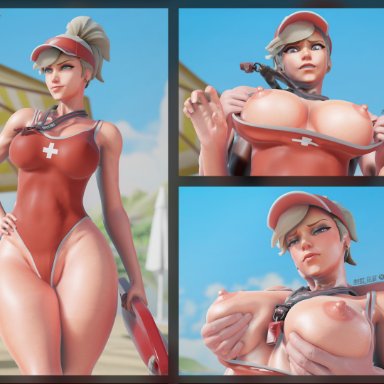 blizzard entertainment, overwatch, overwatch 2, angela ziegler, lifeguard mercy, mercy, hasfeldt, 1boy, 1girls, beach, big breasts, blonde hair, blue eyes, breast grab, breasts