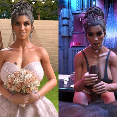 cyberpunk 2077, panam palmer, panamsimp, blacked clothing, cock shock, cuckold, dark-skinned female, dark-skinned male, netorare, spade choker, spade tattoo, wedding dress, queen of spades