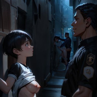 rtxfus, 2boys, 2girls, against wall, alley, breasts, doggy style, forced, imminent rape, police officer, police uniform, rape, shirt lift, tomboy, ai generated