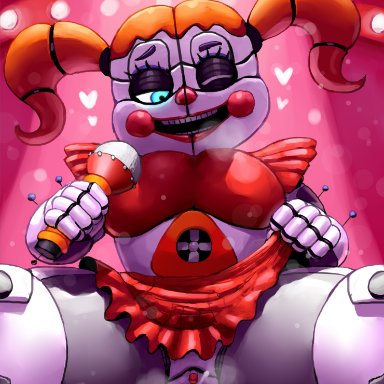 five nights at freddy's, scottgames, baby (fnafsl), circus baby, circus baby (fnaf), outta sync, 1boy, 1boy1girl, animatronic, blue eyes, clitoris, clown, clown girl, cowgirl position, cum