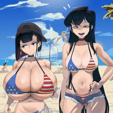 komi-san wa komyushou desu, original, goth (booruguru), komi shouko, sleaze (booruguru), booruguru, 2girls, american flag, american flag bikini, american flag print, asymmetrical bangs, asymmetrical hair, backwards hat, baseball cap, beach