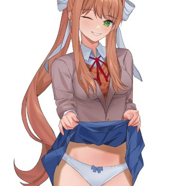 doki doki literature club, aris4rt, 1female, 1girls, 5 fingers, blue bow, blue panties, blue skirt, blush, bow, bow panties, breasts, female, green eyes, lifted skirt