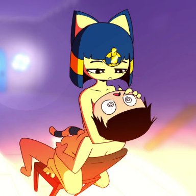 animal crossing, ankha, ankha (animal crossing), villager (animal crossing), gaspr, gasprart, 1boy, anthro, anthro on human, ass grab, bodily fluids, canine, caressing face, chair, cowgirl position