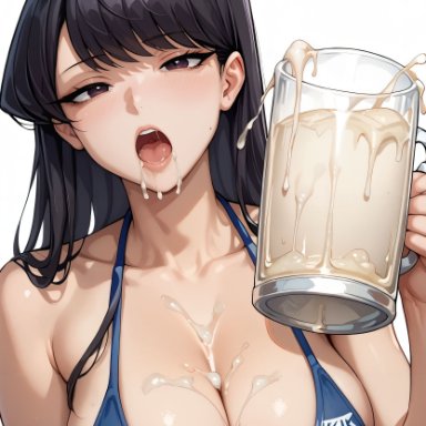 komi-san wa komyushou desu, komi shouko, goofy ai, 1girls, cum, cum between breasts, cum filled glass, cum in mouth, cum on breasts, cum on upper body, drinking cum, female, female focus, female only, open mouth