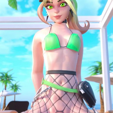 fortnite, helsie (fortnite), sulbas3d, beach, bikini, blonde female, blonde hair, breasts, cowgirl position, female, female on top, fishnets, green eyes, hat, looking at viewer