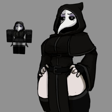 roblox, original character, plague doctor, belt, breasts, busty, dress, female, genericmerc, gloves, hand on hip, hood, long sleeves, makeup, mostly clothed