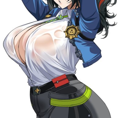 hoyoverse, mihoyo, twitter, zenless zone zero, zhu yuan, drogod (artist), 1girls, arched back, arms up, badge, big breasts, black hair, busty, clevage, clothed