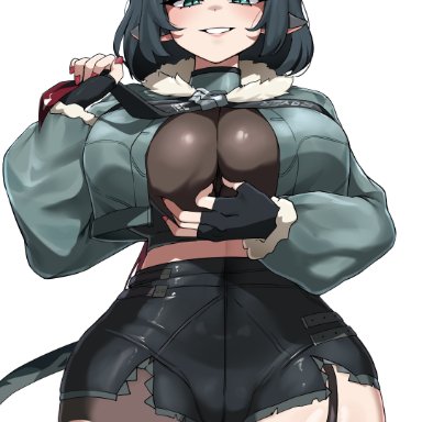 zenless zone zero, jane doe (zenless zone zero), hahyaha, black gloves, black pantyhose, black shorts, black thighhighs, blunt bangs, blush, breasts, cowboy shot, female, fingerless gloves, fingernails, fur trim