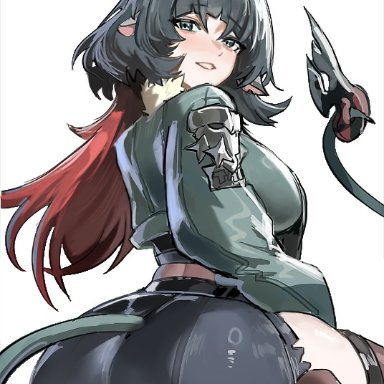 zenless zone zero, jane doe (zenless zone zero), ass, ass focus, black shorts, blunt bangs, female, from behind, fur trim, fur-trimmed jacket, green eyes, green jacket, green skirt, jacket, long hair