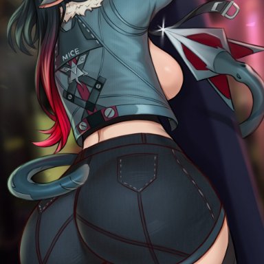 zenless zone zero, jane doe (zenless zone zero), rovintus, animal ears, aqua eyes, black hair, black shorts, black thighhighs, blue jacket, blunt bangs, breasts, closed mouth, from behind, jacket, large breasts