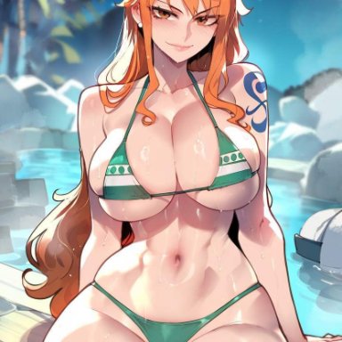 one piece, nami, nami (one piece), chronick, thiccwithaq (ai style), bikini, female, female only, huge breasts, sitting, solo, swimsuit, tattoo, thick, thick thighs