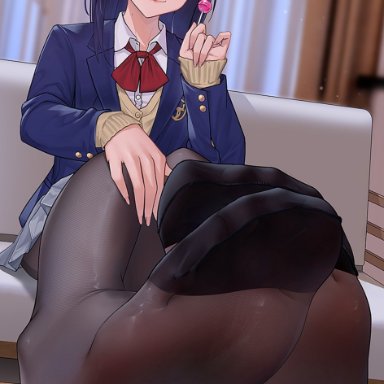 qizhu, 1girls, blue eyes, blue hair, blue jacket, blush, clothed, eyebrows visible through hair, feet, female, female only, foot fetish, foot focus, jacket, long hair