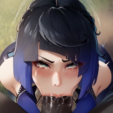 genshin impact, hilichurls (species), yelan (genshin impact), dug-lith-pls, thiccwithaq (ai style), 1boy, 1girls, bare shoulders, big breasts, big penis, black hair, blowjob, blue eyes, blue hair, breasts