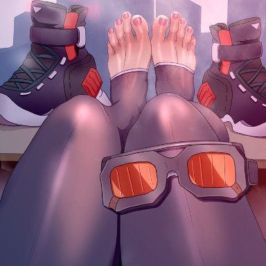 zenless zone zero, grace howard, cavalry (maslow), black footwear, black pants, feet, feet up, female, foot focus, goggles, legs, nail polish, pants, pink nails, shoes