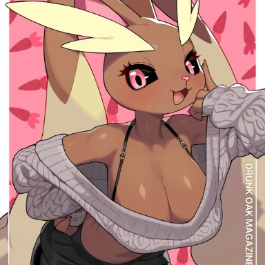 nintendo, pokemon, generation 4 pokemon, lopunny, pokemon (species), drunkoak, 1girls, anthro, bare shoulders, big breasts, black sclera, blush, breasts, brown body, brown fur