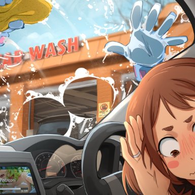 boku no hero academia, my hero academia, patreon, hagakure tooru, hagakure tooru (invisible), hagakure tooru (visible), ochako uraraka, khyleri, 2girls, anime, anime style, blush, breasts pressed on glass, brown eyes, brown hair