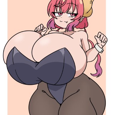 miss kobayashi's dragon maid, ilulu, ilulu (dragon maid), ilulu (maidragon), inakotho, big ass, big hips, big thighs, bunnysuit, curled horns, curvy figure, dragon girl, dragon horns, huge breasts, pink hair