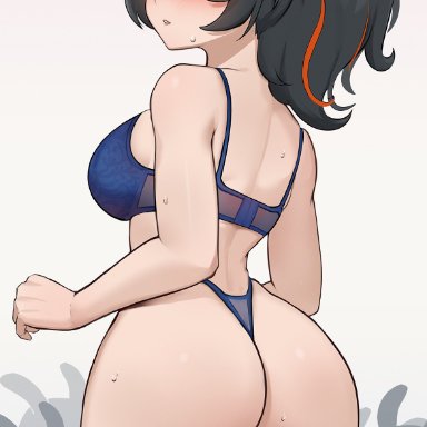 zenless zone zero, zhu yuan, hioyami, 1girls, ass, black hair, bra, breasts, female, female only, looking at viewer, looking back, multicolored hair, orange hair, red eyes