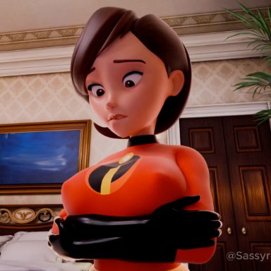 the incredibles, the incredibles 2, elastigirl, helen parr, temple of sins, breast expansion, breast press, breasts out, clothed, expansion, huge breasts, 3d, 3d (artwork), 3d animation, animated