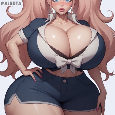 danganronpa, junko enoshima, aibuta, 1girls, alternate body type, alternate breast size, alternate costume, athletic, athletic female, big ass, big breasts, big butt, bimbo lips, blue eyes, breasts