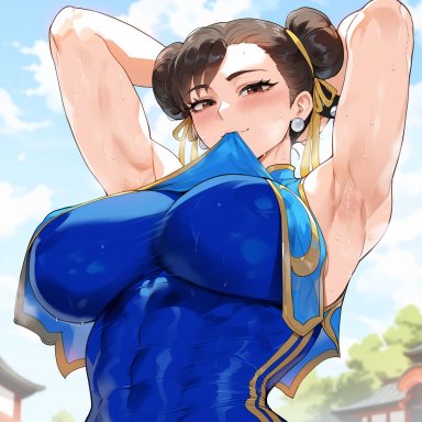 street fighter, chun-li, creamy ai, armpits, arms behind head, blue bodysuit, bodysuit, brown eyes, brown hair, clothes in mouth, clothes lift, covered abs, covered nipples, curvy, double bun