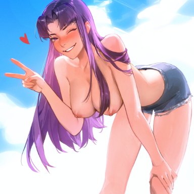 neon genesis evangelion, misato katsuragi, limart, 1girls, areolae, big breasts, blush, breasts, cloud, clouds, denim shorts, female, female only, heart, leaning forward