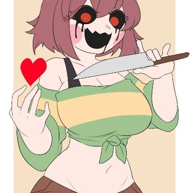 undertale, chara, unknown artist, big breasts, big thighs, black eyes, blushed, female, female focus, female only, heart, holding knife, holding weapon, little bitch, looking at viewer